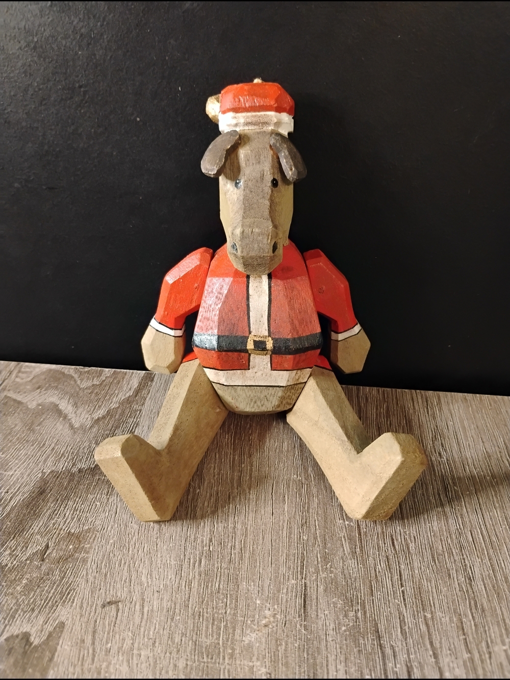 Vintage Hand-Carved Wooden Santa Reindeer Figure